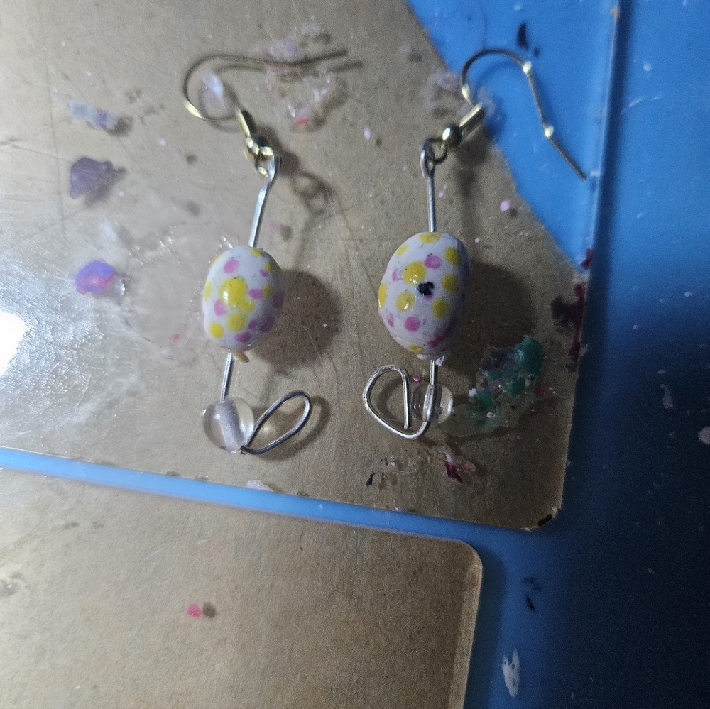Pink & Yellow Polka Dot Egg Earrings